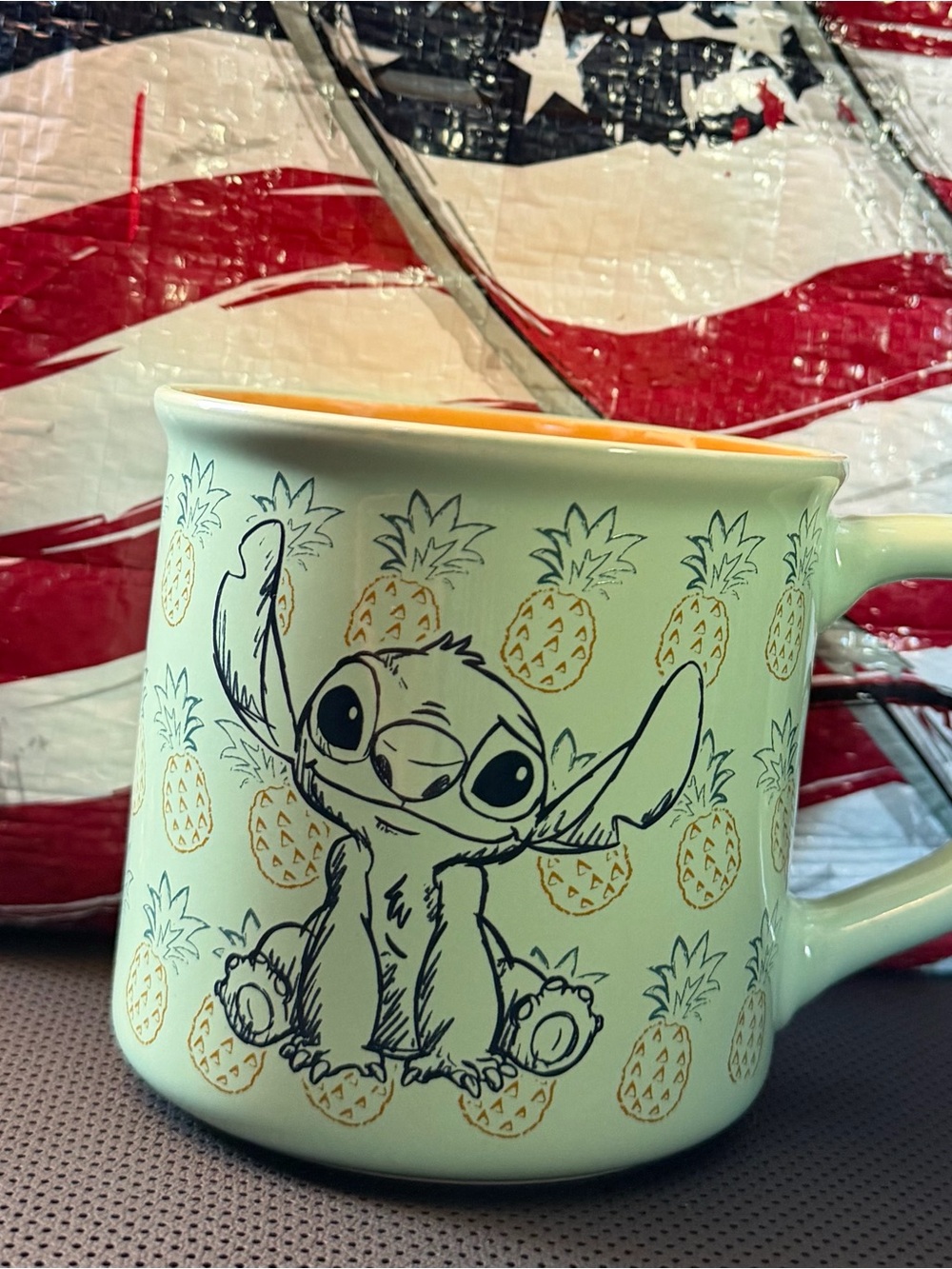 Disney Aloha Lilo and Stitch Ceramic Mug with Orange Interior and Pineapple
